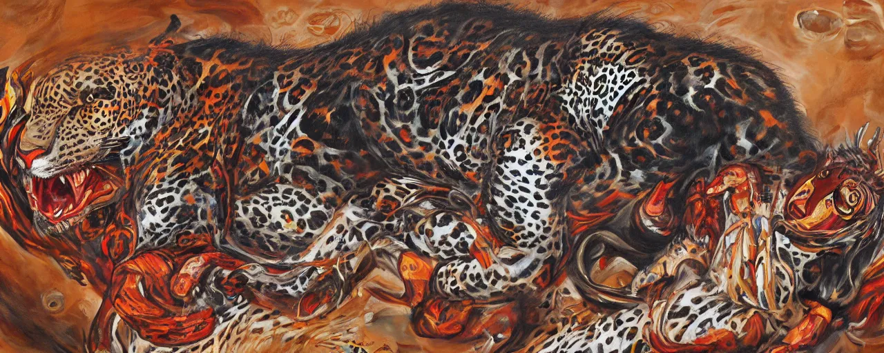 Image similar to an intricated and detailed painting of a shaman turning into a jaguar by jose clemente orozco 4 k render