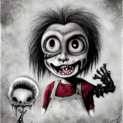 Image similar to grunge cartoon drawing of a cute chucky by - michael karcz , in the style of corpse bride, loony toons style, horror themed, detailed, elegant, intricate