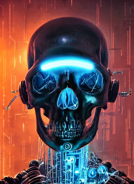 Image similar to 2 8 mm macro photo of metal skull with neon tubes half covered face with cybernetic enhancements as seen from a distance, scifi character portrait by greg rutkowski, canon 5 0 mm, film, photography, esuthio, craig mullins, 1 / 4 headshot, cinematic lighting, dystopian scifi gear, gloomy, profile picture, mechanical, half robot, implants, solarpunk