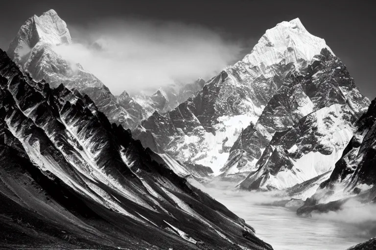 Image similar to amazing landscape photo of Himalayas by Ansel Adams, beautiful, dramatic lighting