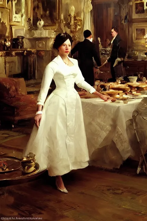 Prompt: portrait of a respectable dignified royal business elite politician standing on top of a finely set table calmly stepping in the food art by anders zorn, wonderful masterpiece by greg rutkowski, beautiful cinematic light, american romanticism by greg manchess, jessica rossier