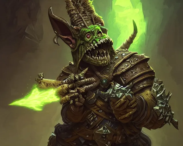 Prompt: a mind - blowing portrait of a goblin chieftain, wearing a skeleton armor, green, deep focus, d & d, fantasy, intricate, elegant, badass, highly detailed, digital painting, artstation, concept art, matte, sharp, illustration, hearthstone, art by artgerm and greg rutkowski and alphonse mucha