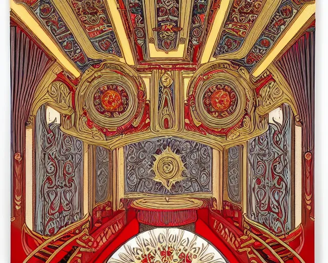 Image similar to symmetrical mural painting from the early 1 9 0 0 s in the style of art nouveau, red curtains, art nouveau design elements, art nouveau ornament, scrolls, flowers, flower petals, rose, opera house architectural elements, mucha, masonic symbols, masonic lodge, joseph maria olbrich, simple, iconic, masonic art, masterpiece