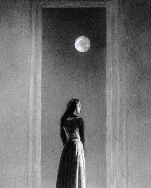 Prompt: a beautiful and eerie illustration of a pretty but horrifying young woman wearing a white dress standing in a vast and empty gallery with blood on the walls, and moonlight shining through the windows, vintage color photograph