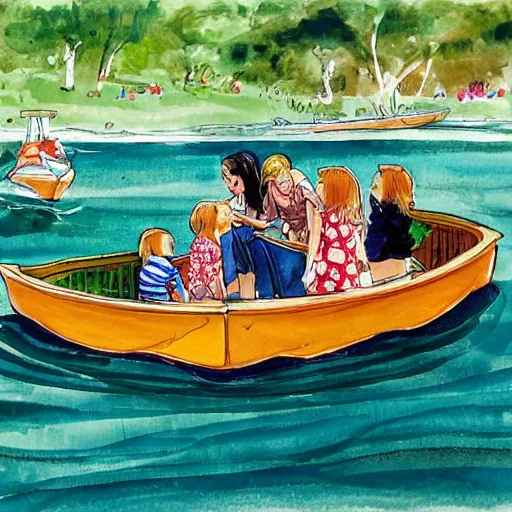 Prompt: The drawing depicts a group of well-dressed women and children enjoying a leisurely boat ride on a calm day. The women are chatting and laughing while the children play with a toy boat in the foreground. by Dustin Nguyen, by William Wray delicate