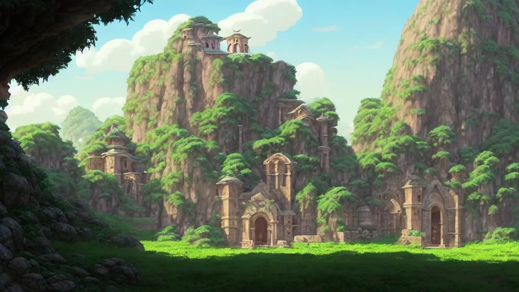 Prompt: ancient monastery ruins, studio ghibli, pixar and disney animation, sharp, rendered in unreal engine 5, highly detailed, digital painting, artstation, concept art, smooth, sharp focus, illustration, wide angle, artbook, wallpaper, splash art, promo art, dramatic lighting, art by artgerm and greg rutkowski and bo chen and jin xiaodi