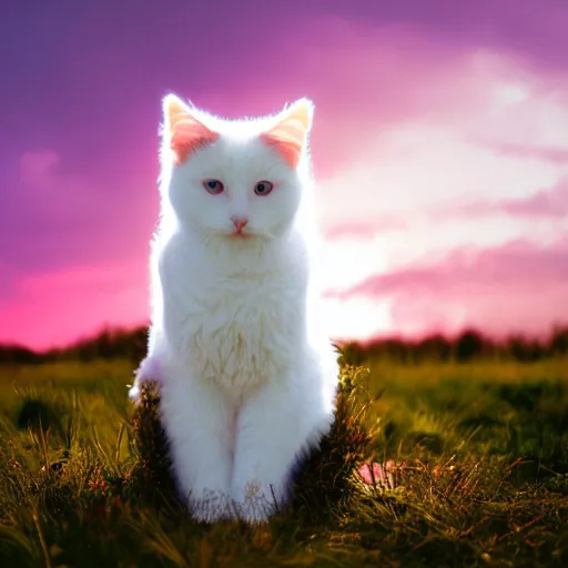 Prompt: a white fluffy cat sitting on a light purple cloud, pastel pink sky, beautiful lighting, magical