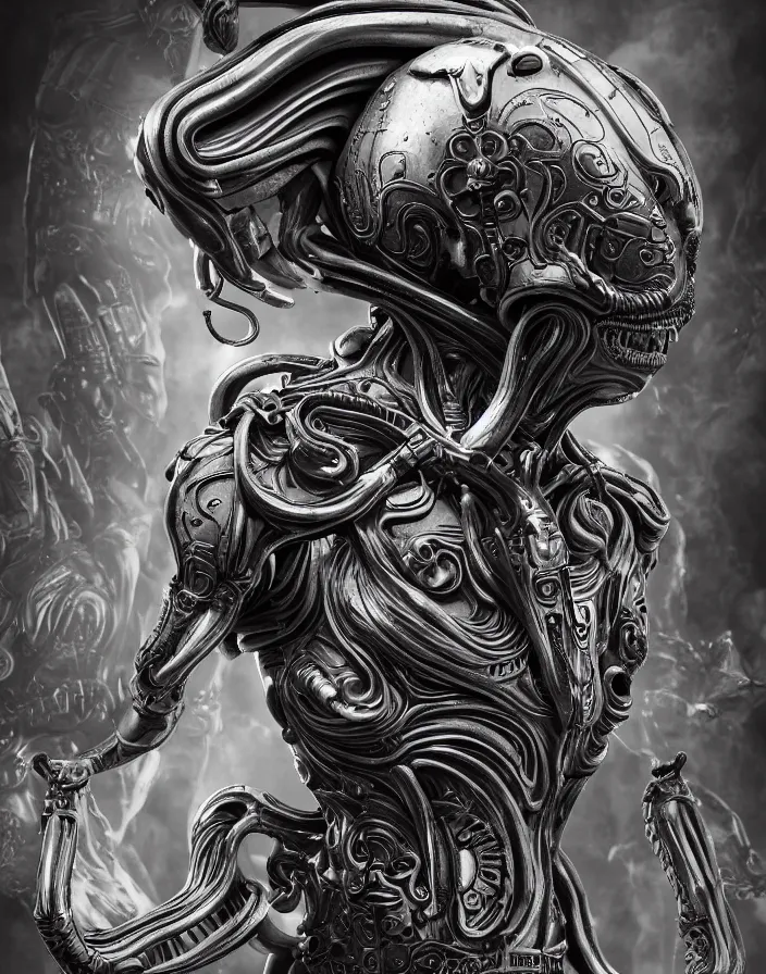 Image similar to engineer prometheus, xenomorph alien, highly detailed, symmetrical long head, smooth marble surfaces, detailed ink illustration, raiden metal gear, cinematic smooth stone, deep aesthetic, concept art, post process, 4k, carved marble texture and silk cloth, latex skin, highly ornate intricate details, prometheus, evil, moody lighting, hr geiger, hayao miyazaki, indsutrial Steampunk