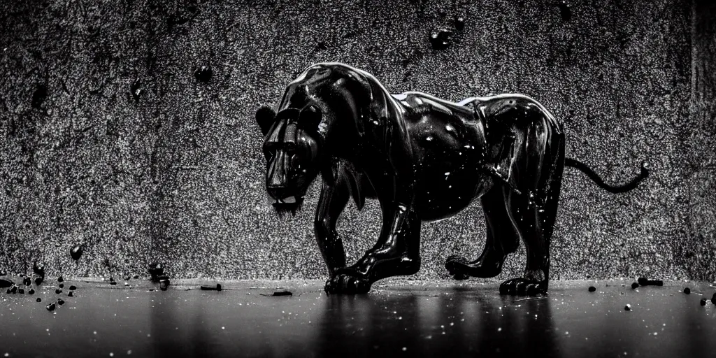 Image similar to the black lioness made of ferrofluid, in the zoo exhibit, viscous, sticky, full of black goo, covered with black goo, splattered black goo, dripping black goo, dripping goo, splattered goo, sticky black goo. photography, dslr, reflections, black goo, zoo, exhibit