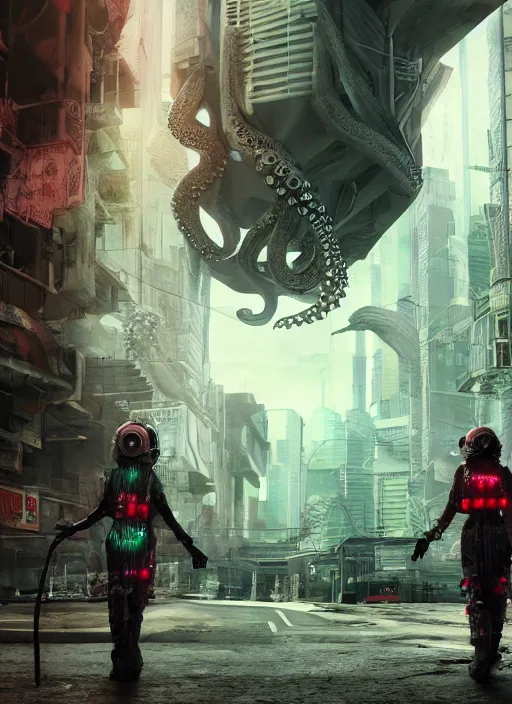 Image similar to hyperrealism, detailed textures, photorealistic 3 d cyberpunk octopus queen in apocalyptic city, futuristic clothing and helmet, ultra realistic, cinematic, intricate, low light, unreal engine 8 k