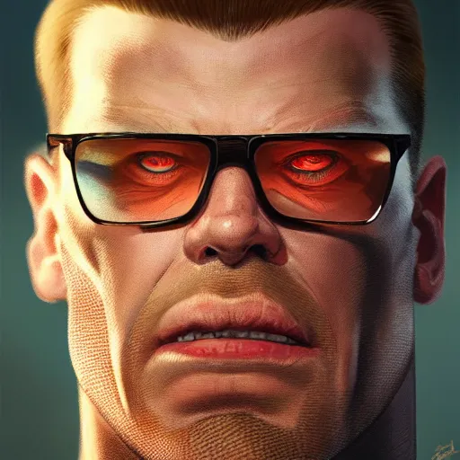 Prompt: close up portrait of duke nukem, backlit, painted by stanley lau, painted by greg rutkowski, painted by stanley artgerm, masterpiece, digital art, trending on artstation