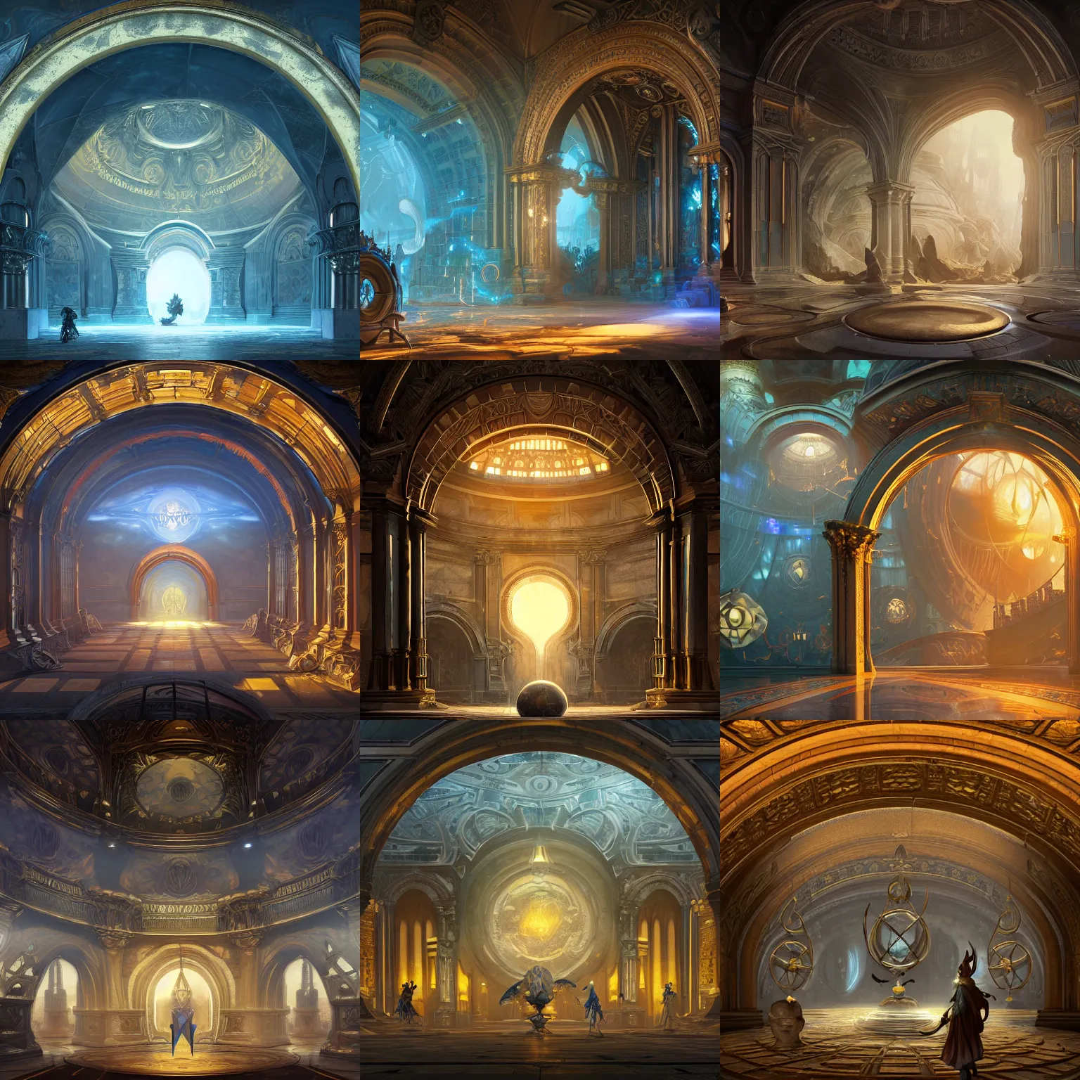 Prompt: interior of a marble dome with a arch gate golden portal, victorian alchemists, polygonal wooden walls, blue banners hanging from ceiling, by peter mohrbacher dan mumford craig mullins nekro, cgsociety, pixiv, volumetric light, 3 d render