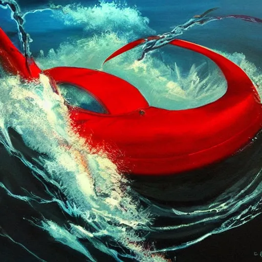 Prompt: nice picture. red lightning in the sea. painting