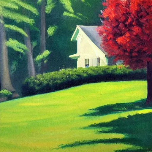 Prompt: A painting of a beautiful cottage, with a lush grass lawn, featuring a tree in the style of Edward Hopper