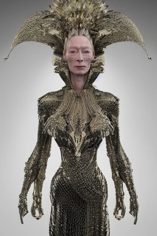 Image similar to a highly detailed 4 k render portrait of an alien goddess tilda swinton in iris van herpen dress schiaparelli armor in diamonds and lots of jewelry in style of alphonse mucha trending on artstation made in unreal engine 4