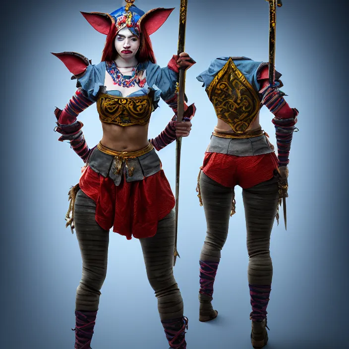 Image similar to full body photo of a real - life beautiful female jester warrior, 8 k, hdr, smooth, sharp focus, high resolution, award - winning photo