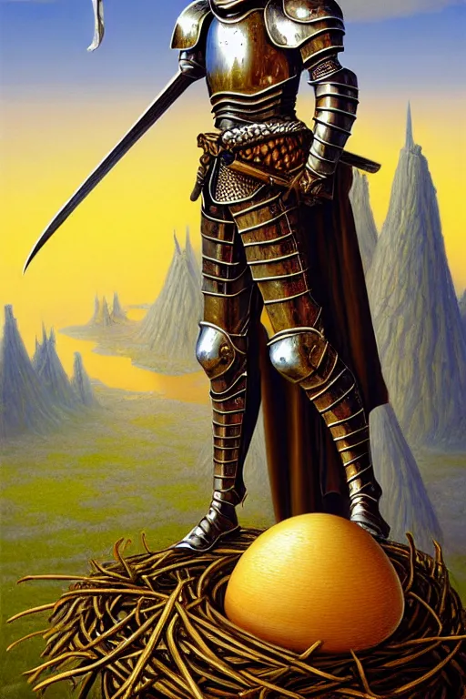 Prompt: classic oil painting, a medieval fantasy knight, as a dnd character, standing on a colossal empty bird nest, broken eggshells in the background, cottagecore, highly detailed, digital illustration, concept art, smooth, sharp focus, art by tim hildebrandt, and alex grey