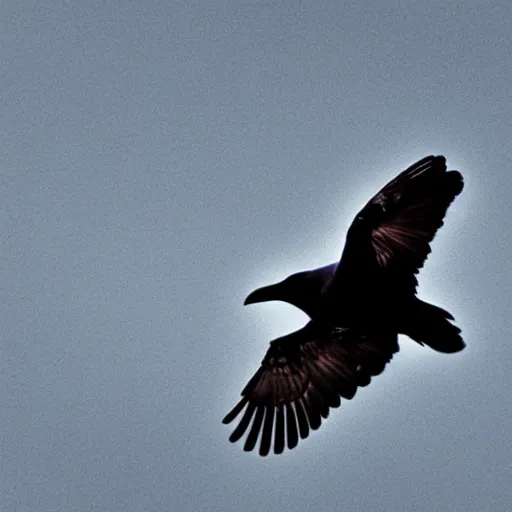 Prompt: a raven flying over the tombstone at rainy night with full moon, rain, clouds, tall trees, diffused blue glow