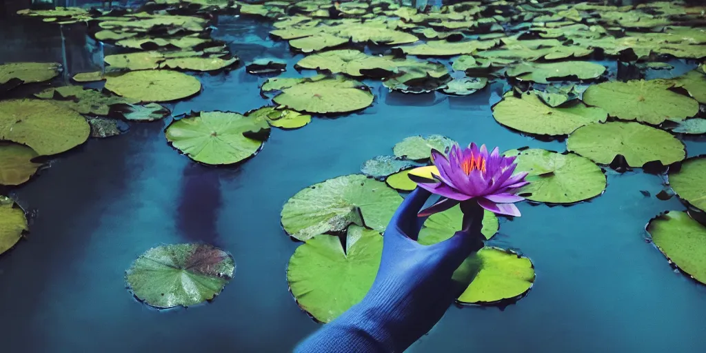 Prompt: hand holding water lily, studio shot, night dramatic lighting, blue, yellow and purple tones, wide camera angle, matte painting, trending on ArtStation, concept art, delightful surroundings, high detail, sharp contrast, ray tracing, picturesque artwork by Mike Winkelmann, artwork by Ridley Scott, 4K, 8K, super graphically realistic detailed, high definition, HDR