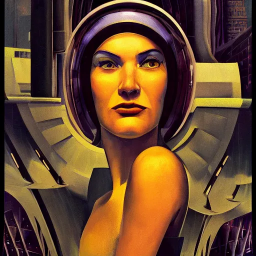 Image similar to detailed face of a woman, clockwork, moment, tectonic sky, skydome, bullet train, turbines, utopian, tech noir, wet reflections, prism, atmospheric, ambient, pj crook, syd mead, emma uber, greg rutkowski, edward hopper