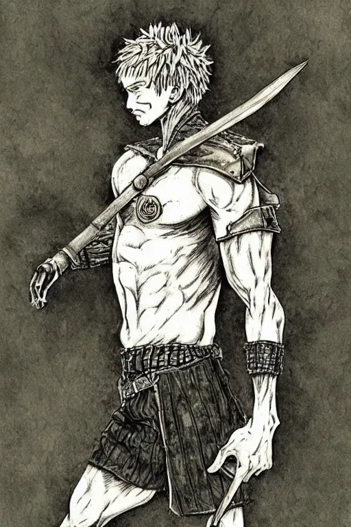 Image similar to gopnik man warrior, artwork by Kentaro Miura