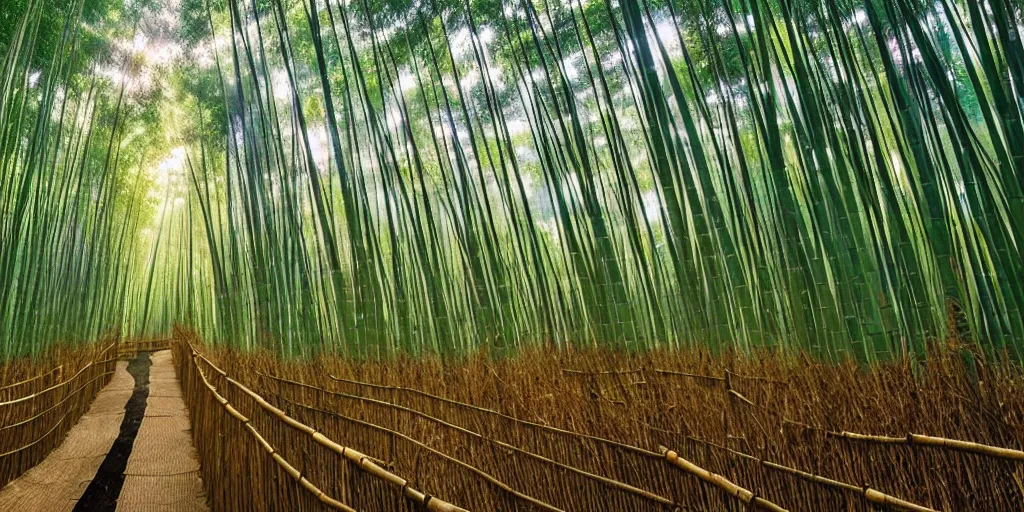 Prompt: ultra wide angle matte painting of the shunan bamboo forest in china, majestic!!! beautiful!!!, ethereal!!! ultra realistic, golden hour, volumetric lighting, sharp focus