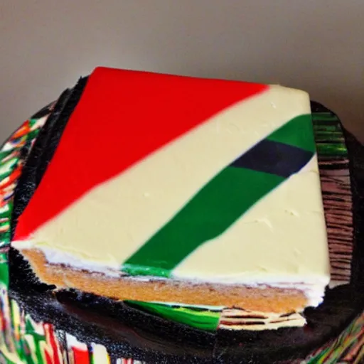 Prompt: slice of cake, the side of the cake is colored with the pattern of the south african flag, south african flag cake