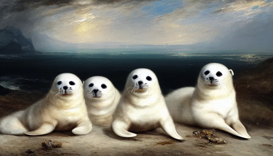 Image similar to highly detailed painting of cute furry white baby seals on an out of control cad by william turner, by greg rutkowski, by william constable, thick brush strokes and visible paint layers, 4 k resolution