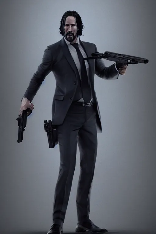 Image similar to John Wick holstering his rifle, full body shot, Artstation, Artstation Trending, Pinterest, Deviant Art, cinematic, concept art, 8k, cgsociety, hyper detailed, ultra realistic, illustration, epic, high resolution, post processing, high quality, unreal engine, digital art, very coherent, octane render, art by Yi Yang artstation + StTheo + Alan Van Ryzin,-W 512