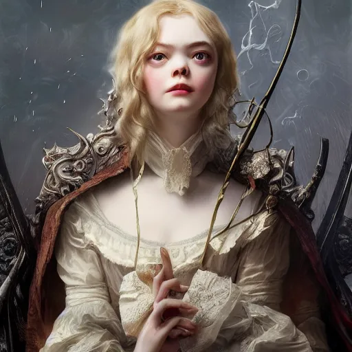 Image similar to leyendecker and peter paul rubens, head and shoulders portrait of a elle fanning in bloodborne, unreal engine, fantasy art by global illumination, radiant light, detailed and intricate environment