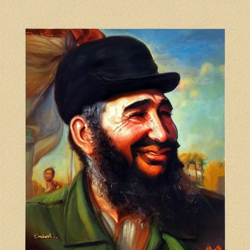 Prompt: oil painted portrait of fidel castro smiling with a cigar - warm colors - cuba - havana - style of sophie anderson - artstation trending