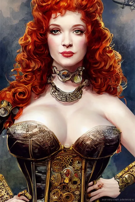 Image similar to three-quarters pose portrait of Christina Hendricks as a sensual Lady Mechanika, very beautiful young woman, ginger wavy hair, Victorian-era push-up underwire. Intricate, steampunk imagery themed, D&D!, fantasy style, sharp focus!, ultra detailed, art by Artgerm and Peter Andrew Jones, WLUP