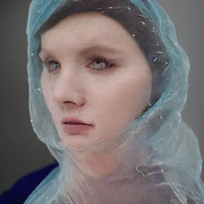 Image similar to a closeup portrait of a woman wearing a hood made of wire and plastic, in a laundry mat, color photograph, by caravaggio, canon eos c 3 0 0, ƒ 1. 8, 3 5 mm, 8 k, medium - format print