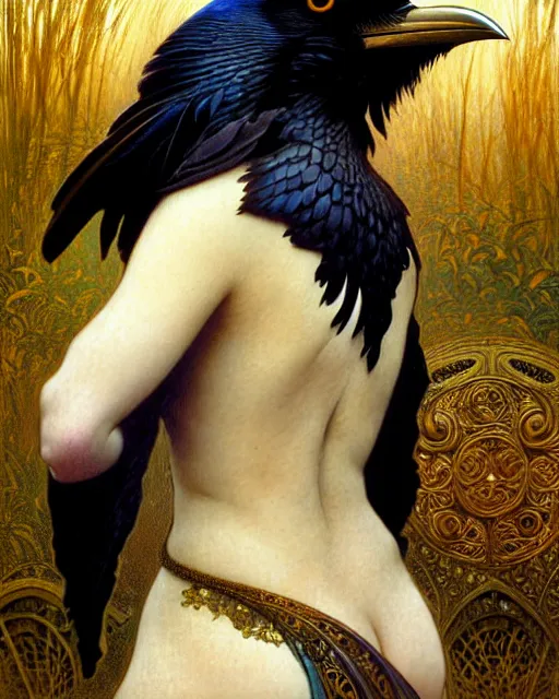 Image similar to goddess of ravens, unusual beauty, emotionally evoking symbolic metaphors, head in focus, fantasy, ornamental, intricate, elegant, sensual, highly detailed digital painting, artstation, concept art, painterly, golden ratio, sharp focus, illustration, art by Artem Demura and Rafael and Alphonse Mucha and Albert Aublet