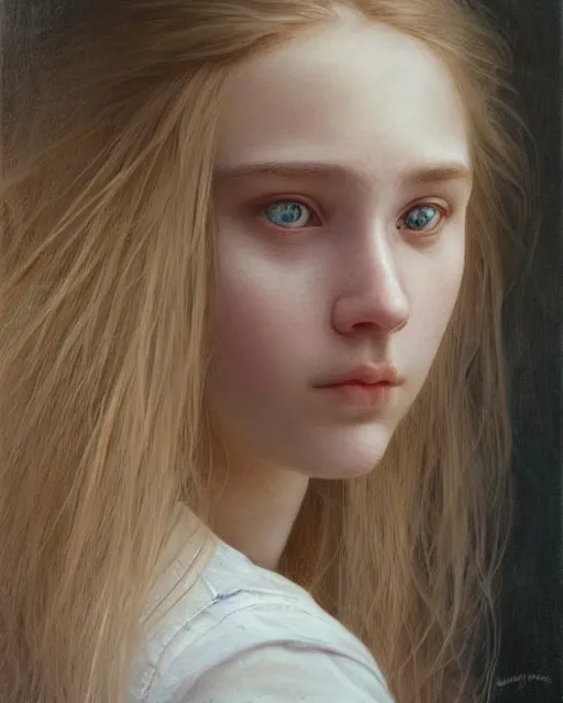 Image similar to portrait of 1 6 - year - old woman with dirty blonde hair down to her waist, pale eyebrows and protuberant silver eyes, wearing white shirt, hyper realistic face, beautiful eyes, close up, fantasy art, in the style of greg rutkowski, intricate, alphonse mucha, hyper detailed, smooth