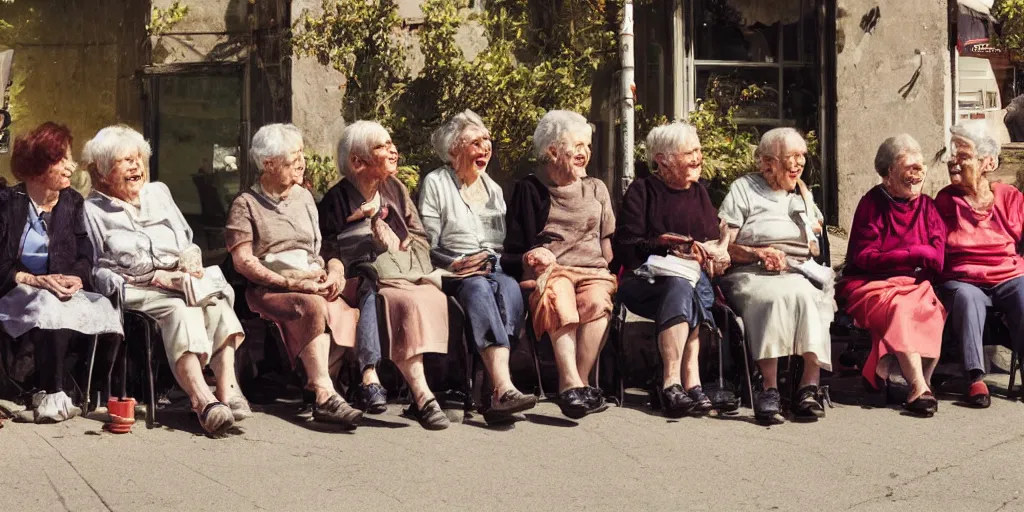 Prompt: a group of old women seated in the street speaking during a sunny day, artstation, detailed