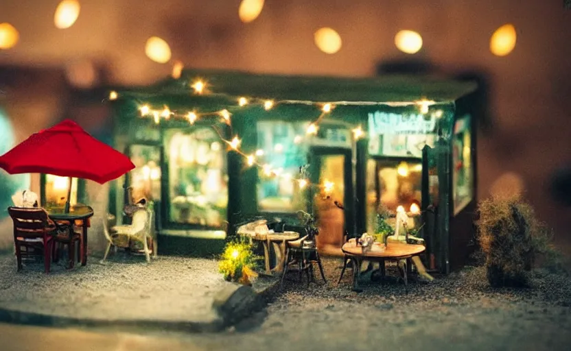 Image similar to mini cafe diorama macro photography, cafe for felted animals, ambient, atmospheric photograph, string lights, romantic