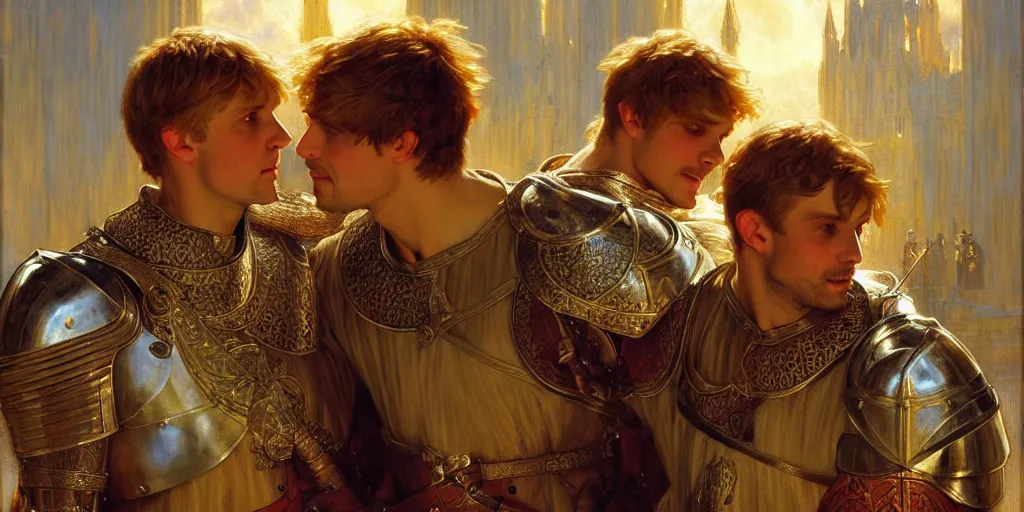 Image similar to attractive arthur pendragon and his favourite attractive male knight, they are in love, camelot, natural lighting, path traced, highly detailed, high quality, digital painting, by gaston bussiere, craig mullins, alphonse mucha j. c. leyendecker