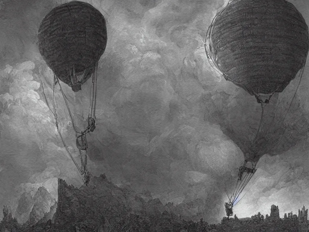 Prompt: hot air balloon in the style of gustave dore and piranesi