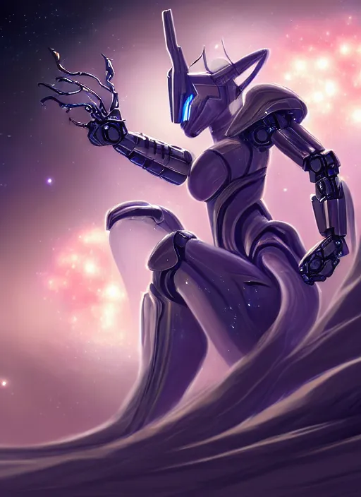 Image similar to cinematic goddess shot, cosmic sized perfectly proportioned stunning beautiful hot anthropomorphic robot mecha female dragon, in space, nebula sized, larger than galaxies, galaxy floating in palm, sleek silver armor, epic proportions, epic size, epic scale, digital art, furry art, macro art, dragon art, giantess art, warframe fanart, furaffinity, deviantart