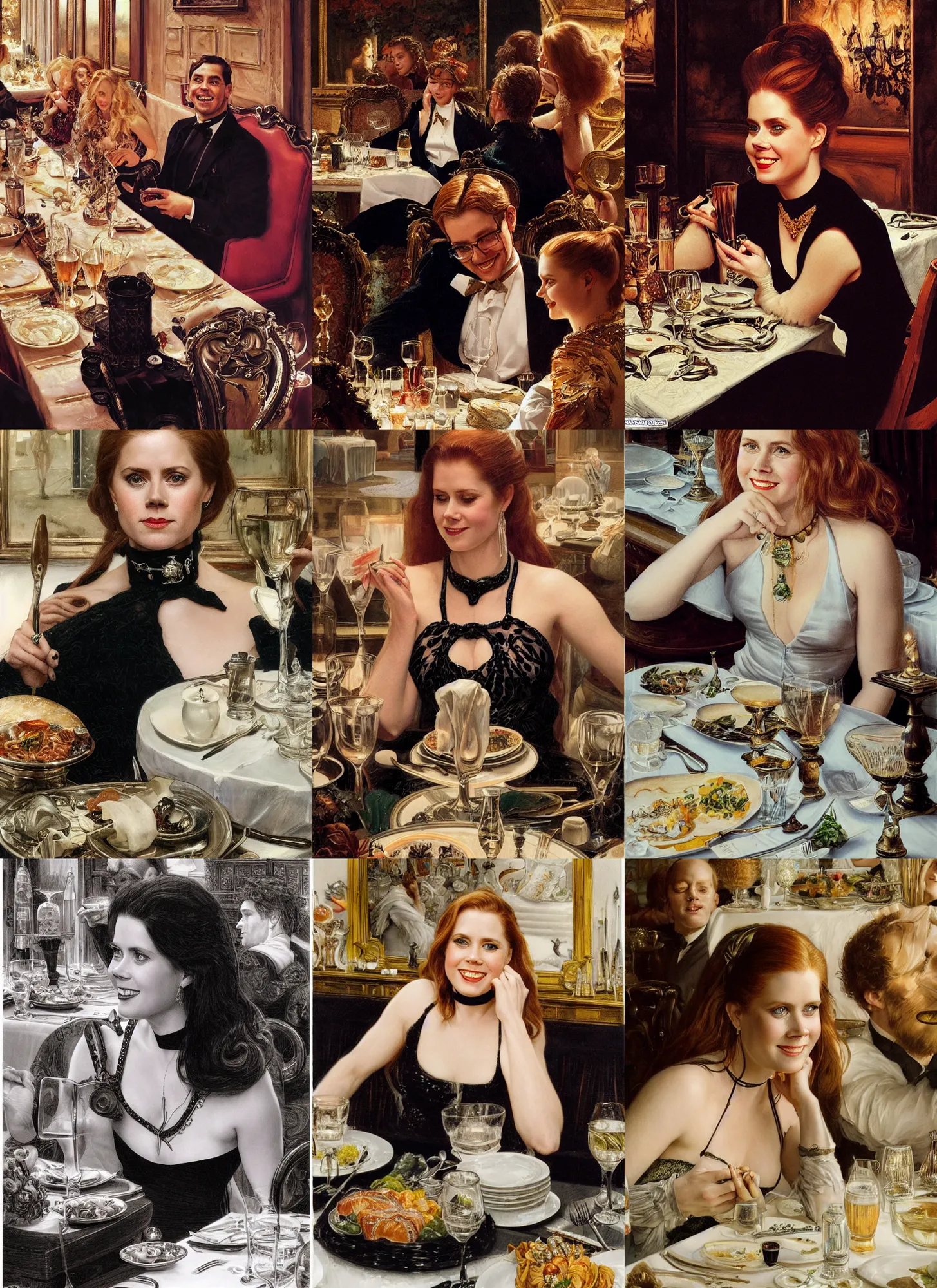 Prompt: dinner with amy adams smiling sitting across the camera wearing a black choker staring into the camera in an expensive private restaurant, 1 9 7 0 s, intricate, elegant, tasteful, highly detailed, shallow depth of field, artgerm, donato giancola, joseph christian leyendecker