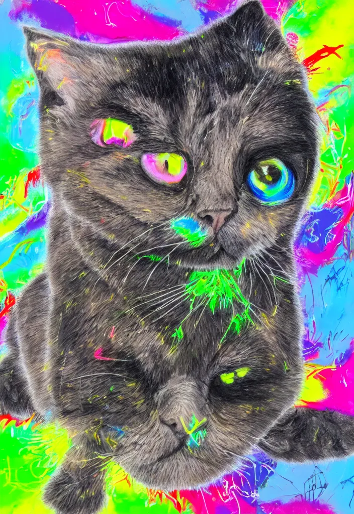 Image similar to cfa champion dark tortie scottish fold cat, cute feet long tail, radiant data visualization mathematical diagrams hologram overlay revealing complex inner machinations calculating sparrows flight trajectory, detailed annotated painting, grisaille dark monochrome with neon fluorescent color airbrush spraypaint accents, by jules julien, wes anderson, lisa frank, basquiat, octane render 4 k