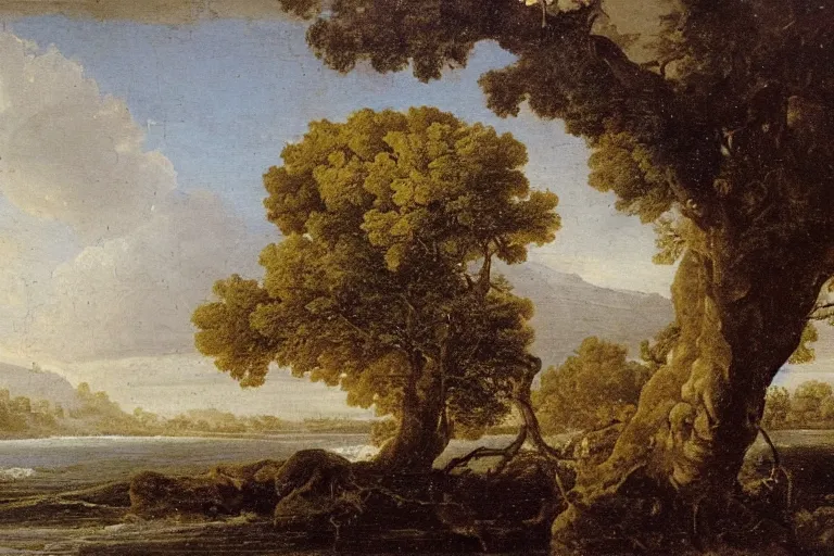 Image similar to oil painting of a old tree next to a raging river by claude lorrain