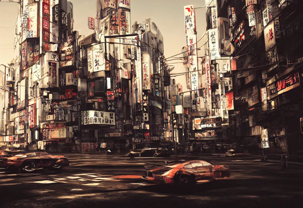 Image similar to tokyo streets cyberpunk style max payne blood trending on artstation cinematic realistic buildings windows cars peoples detailed golden ratio awesome composition color balance harmony physical correct light shadows octnae render 8 k