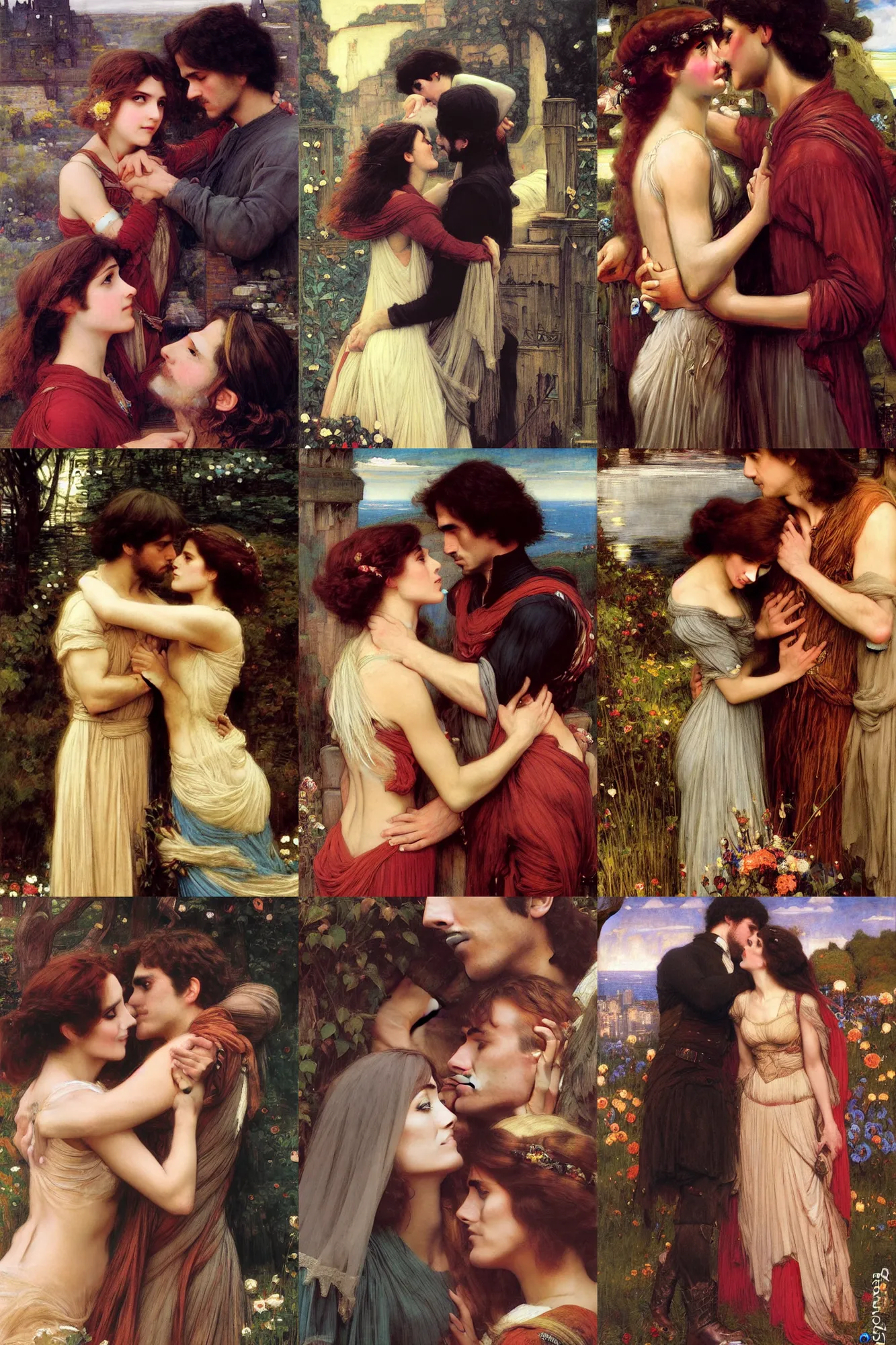 Prompt: bestselling movie poster, official media, cinematic beautiful closeup moment of lovers saying goodbye. Dancing slowly howls moving castle intricate portrait by john william waterhouse and Edwin Longsden Long and Theodore Ralli and Henryk Siemiradzki, very coherent symmetrical artwork. Cinematic, hyper realism, high detail 8k