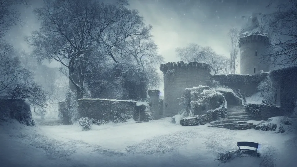 Prompt: the tall castle walls overshadow the secret garden in winter. andreas achenbach, artgerm, mikko lagerstedt, zack snyder, tokujin yoshioka