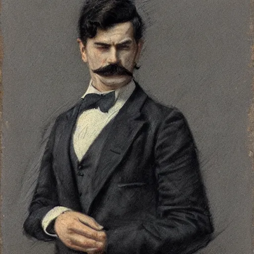 Image similar to action hero, suit, bow tie, mustache, by alfred stevens in charcoal
