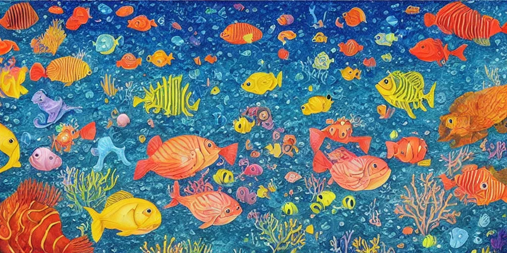 Image similar to a beautiful painting of an elaborate underwater scene painted by bosch and lisa frank, detailed