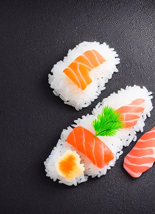 Image similar to clear photorealistic picture of simple cute cat paws made from sushi rice, sitting on sushi plates with garnish