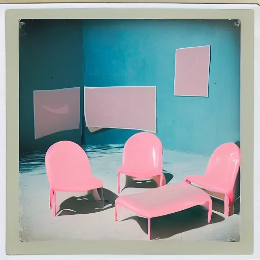 Image similar to a pastel colour high fidelity Polaroid art photo from a holiday album at a pink desert with abstract inflatable parachute furniture, all objects made of transparent iridescent Perspex and metallic silver, no people, iridescence, nostalgic